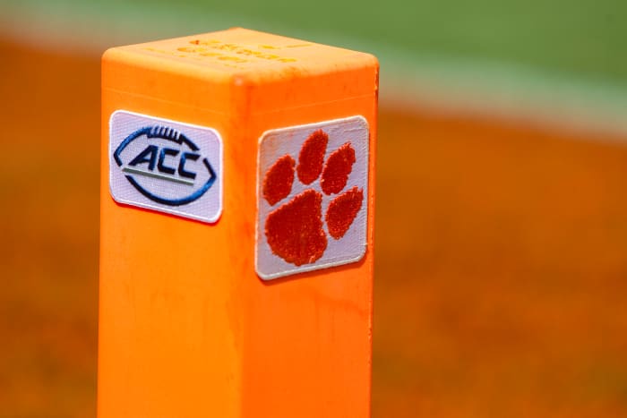 Sep 6, 2014; Clemson, SC, USA; General view of a pylon with the ACC logo during the second half of the game against the Clemson Tigers and the South Carolina State Bulldogs at Clemson Memorial Stadium. Tigers won 73-7. Mandatory Credit: Joshua S. Kelly-USA TODAY Sports